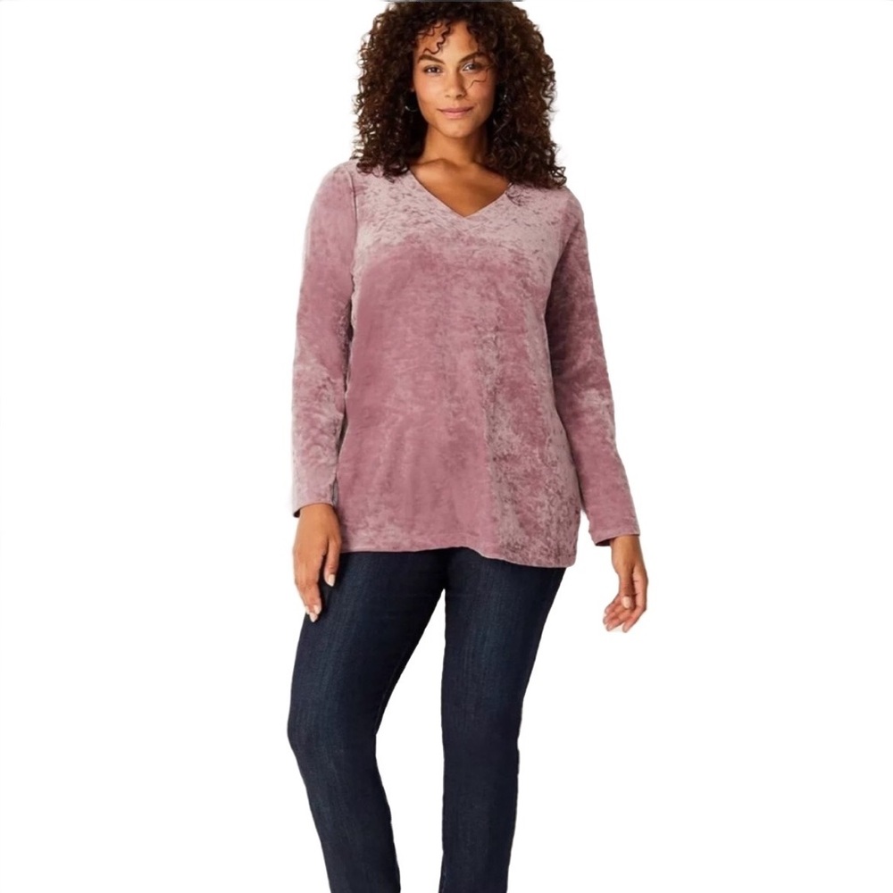 ⭐️ J JILL Crushed Velvet Top Womens Knit V Neck Shirred Back Dusty Rose Size MP